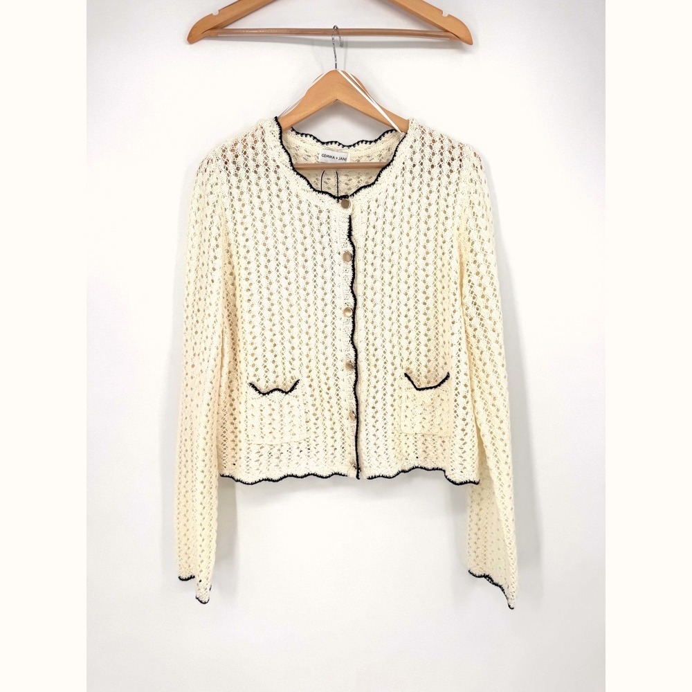 Gemma + Jane Cardigan L Cream Crochet Knit Scalloped Trim Parisian Coquette
